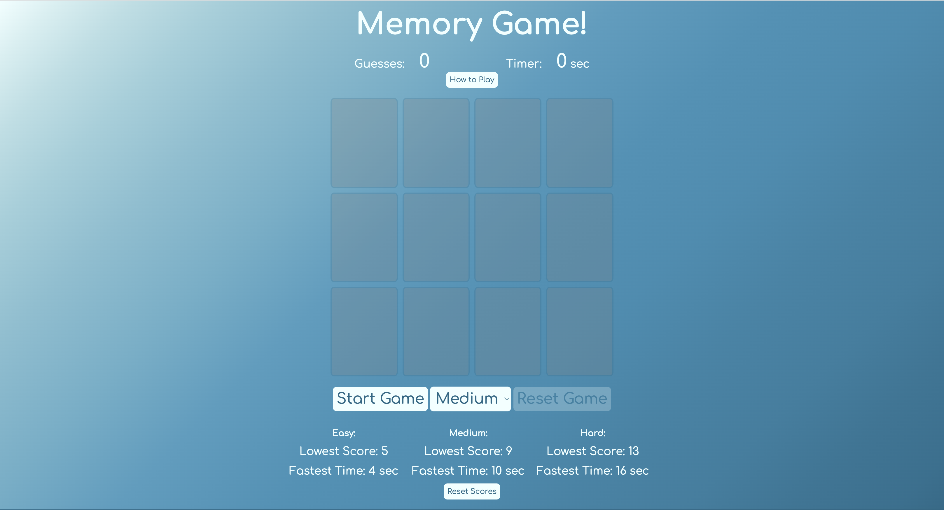 screenshot of memory game site