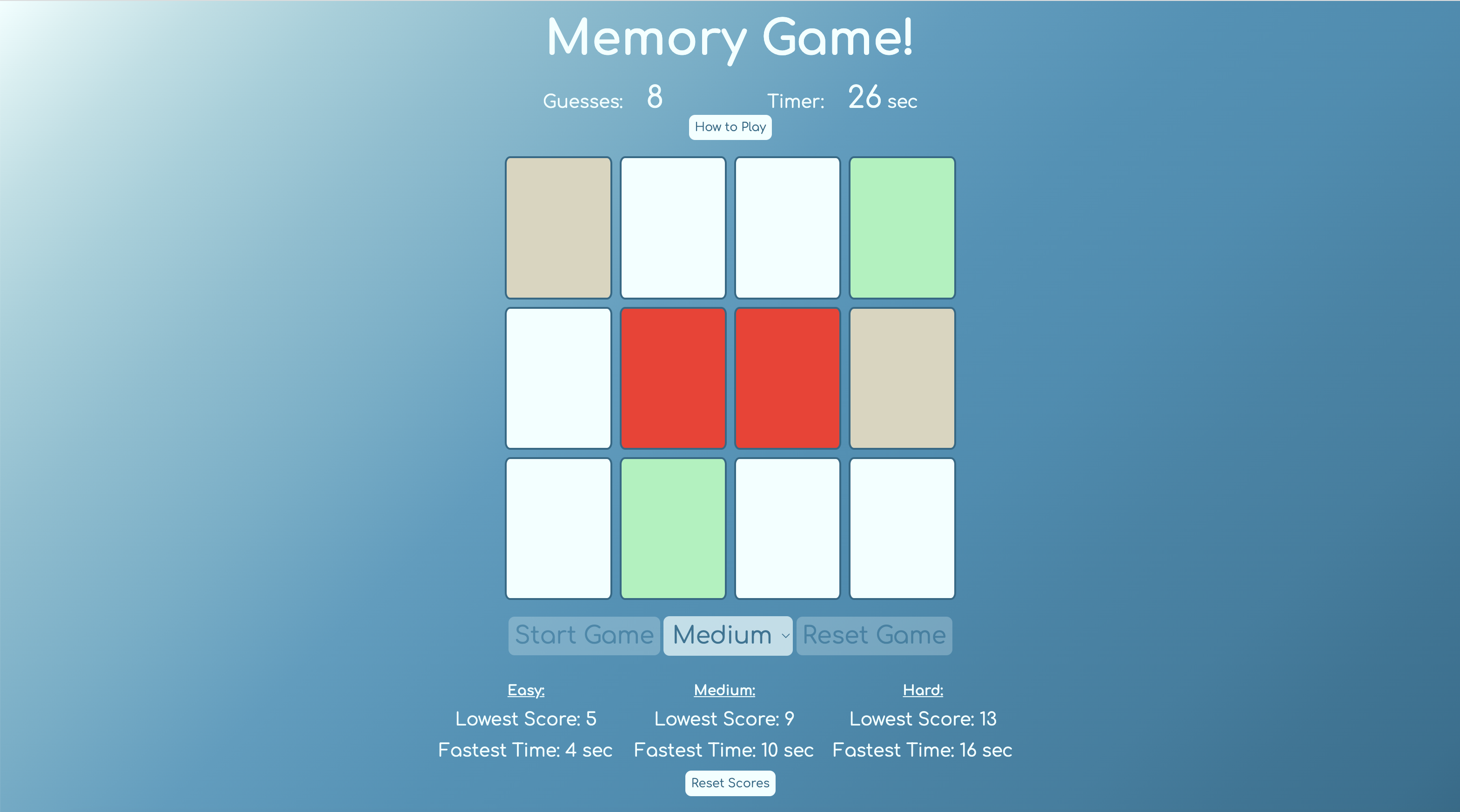 screenshot of memory game site