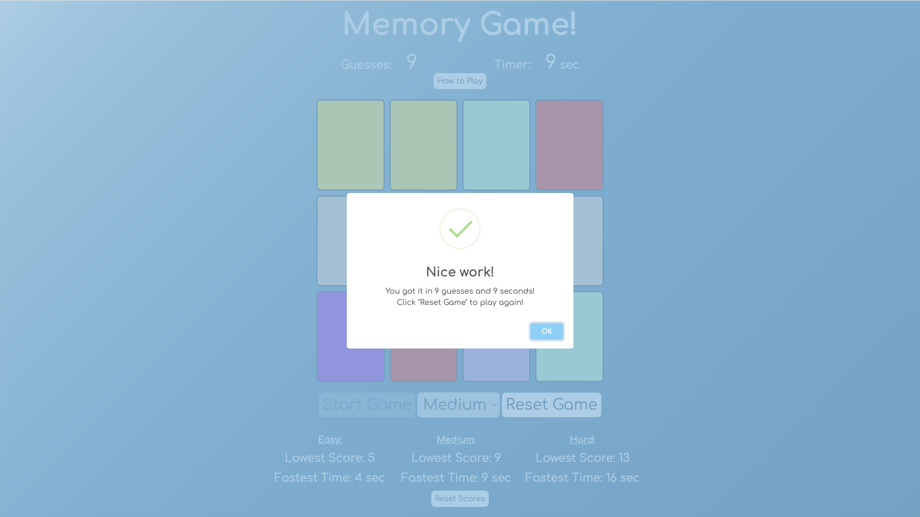 screenshot of memory game site